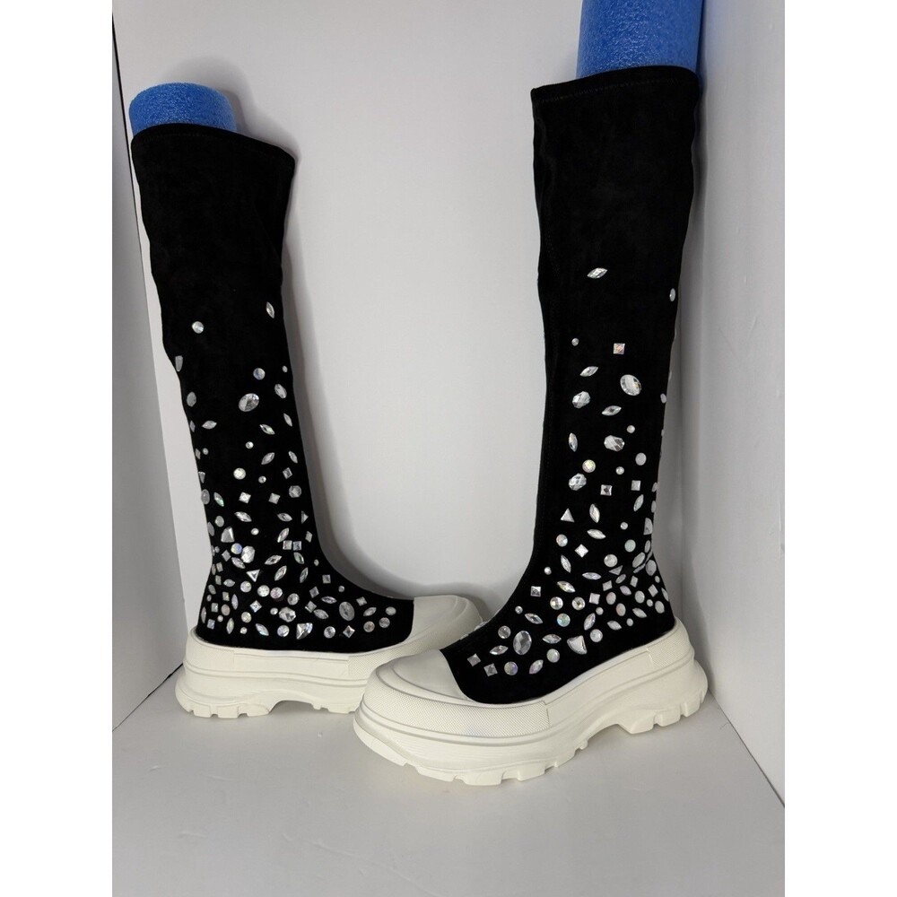 Black Knee High Platform Rhinestone Boots Chunky White Sole Size 8